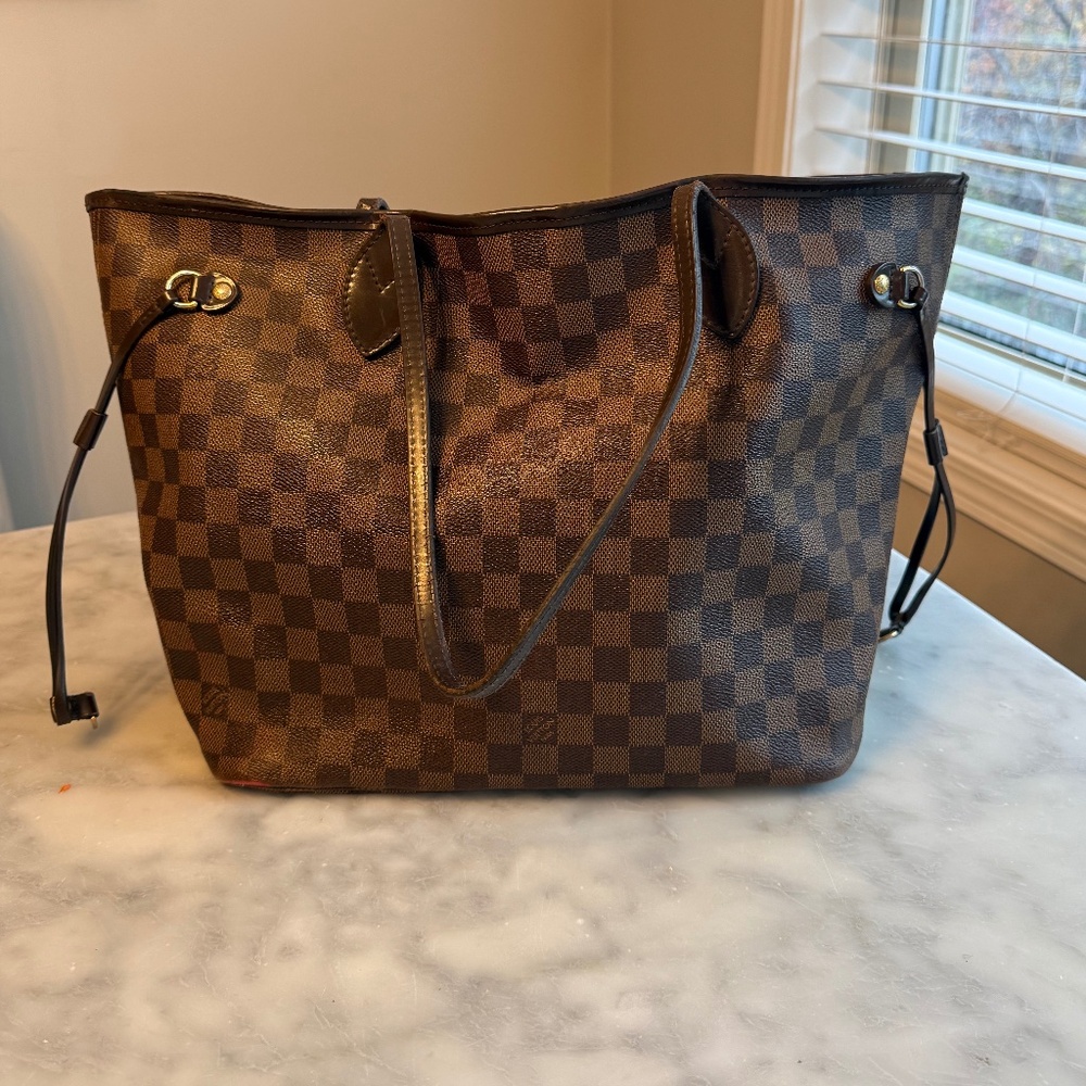 Louis Vuitton Neverfull PM Damier Ebene Brown Coated Canvas with Red Tote Bag